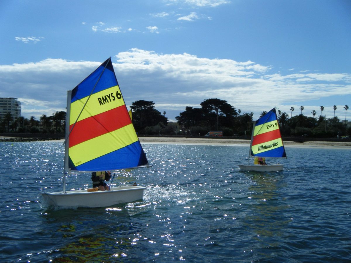 Tackers Sailing Kids Sailing RMSTA Kids Sailing Courses Melbourne Dinghies in the Tackers Kids Sailing Programme on St Kilda Beach