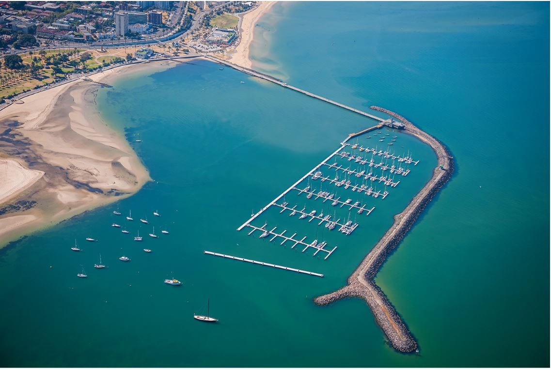 An aerial view of the Royal Melbourne Yacht Squadron Marina and surrounding St Kilda Foreshore. 
