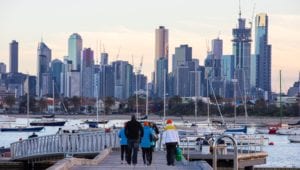 A view of Melbourne City Skyline above the Royal Melbourne Yacht Squadron Marina.