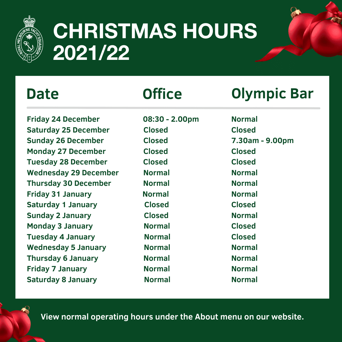Christmas Office and Bar Hours